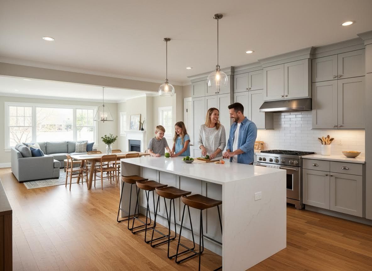 Family cooking together in a modern open-concept kitchen