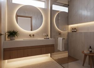 A contemporary bathroom features a light-tiled double vanity with two circular backlit mirrors, a wooden cabinet, and a glass shower. Modern Bathroom with Backlit Mirrors and Glass Shower