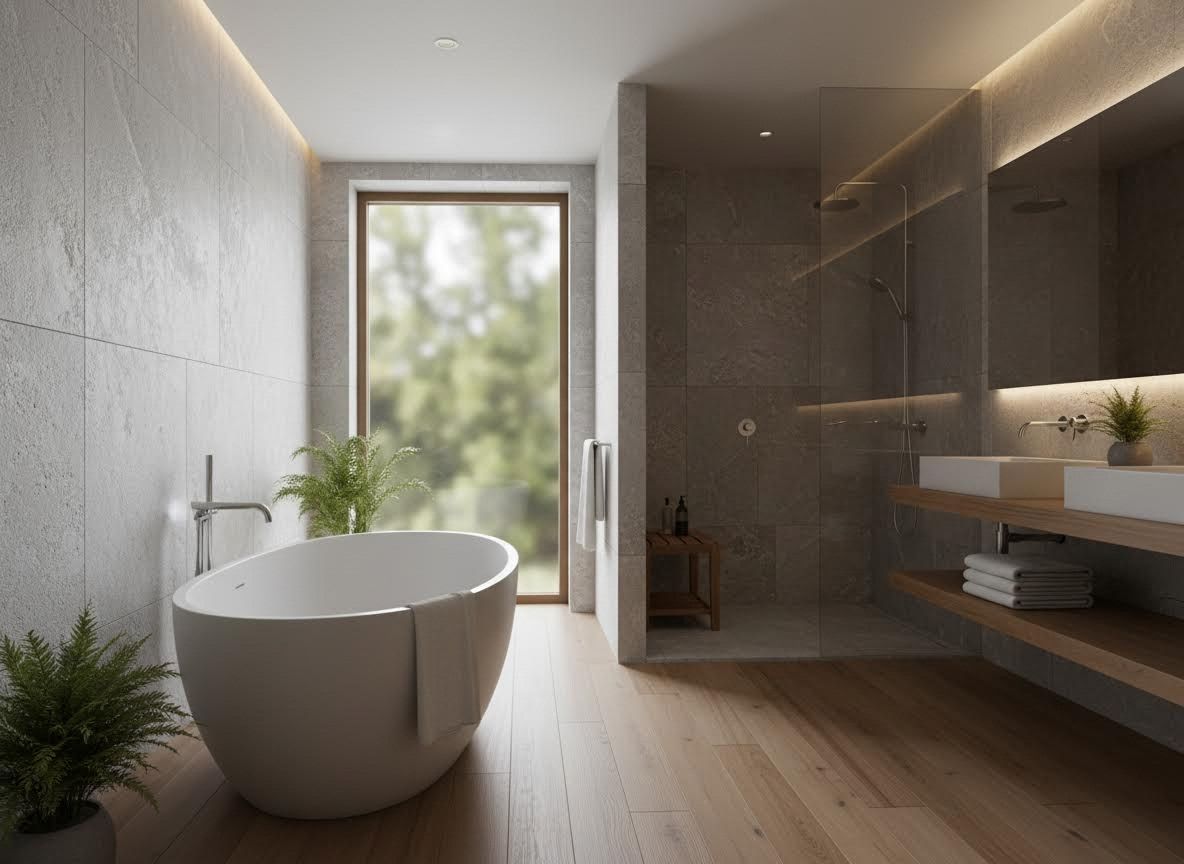 Modern Bathroom Interior with Freestanding Tub and Walk-in Shower
