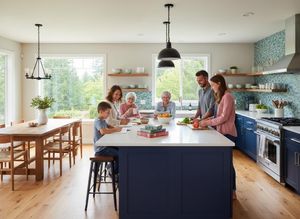 Multi-generational family in a modern kitchen with blue cabinets