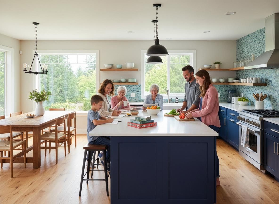 Multi-generational family in a modern kitchen with blue cabinets