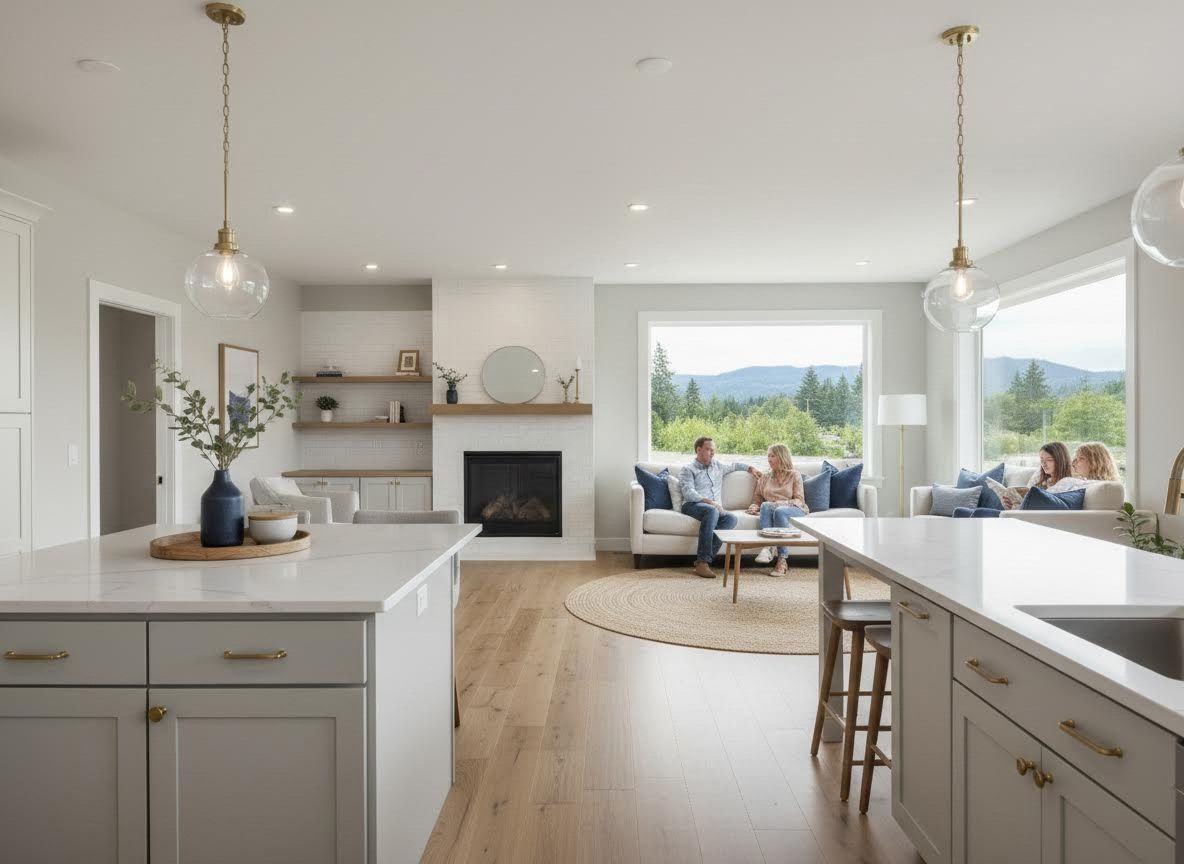 Open-Concept Living Room and Kitchen with Family and Mountain Views