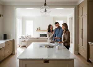 A real estate agent shows a happy couple house plans on a tablet in a stylish, open-concept kitchen and living room. Couple and agent discuss house plans in modern kitchen