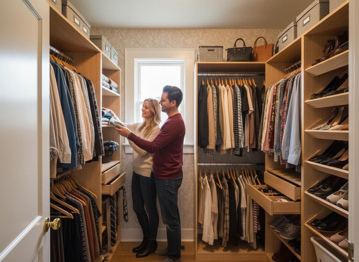 Couple Organizing Clothes in a Custom Walk-in Closet