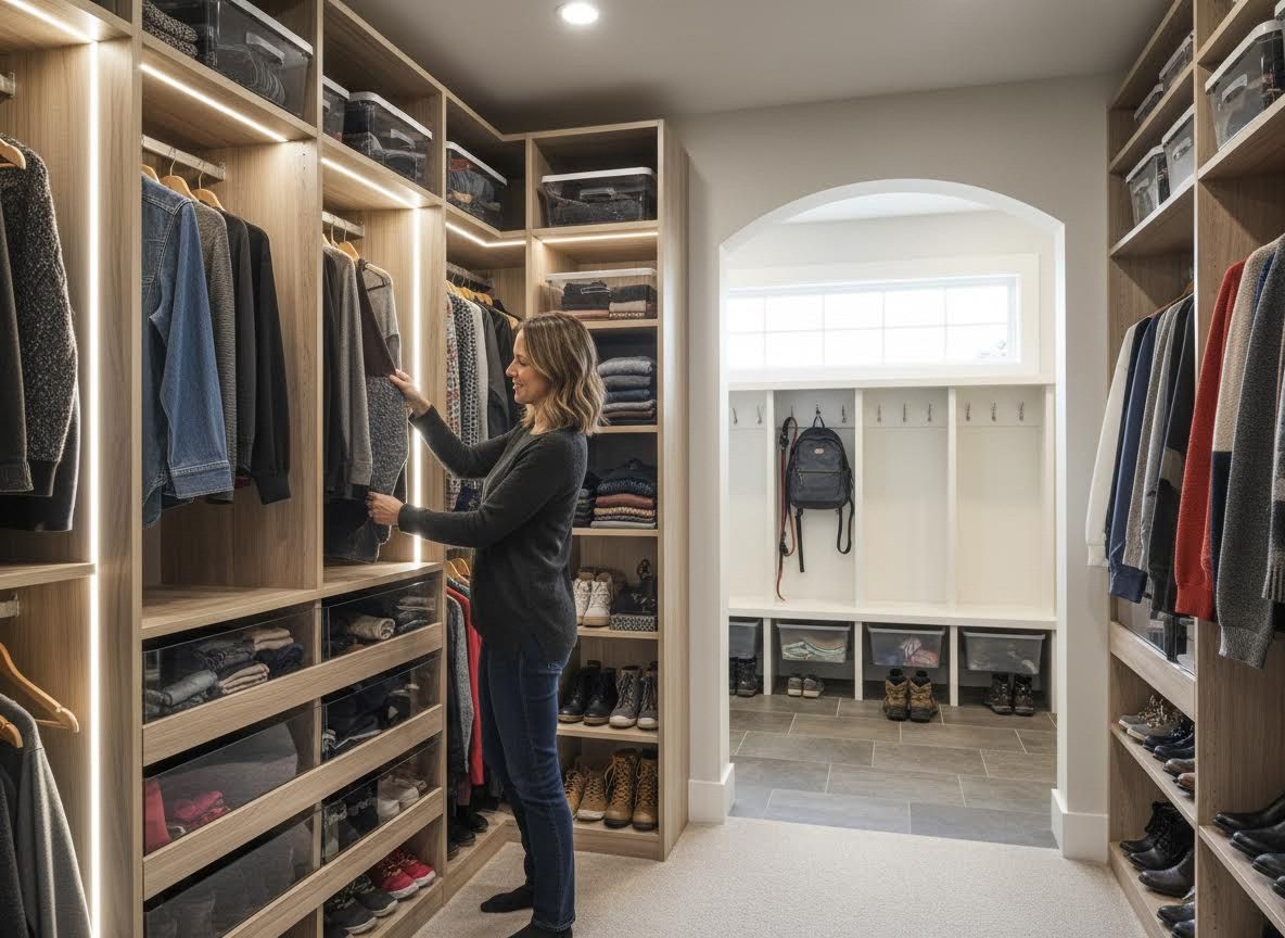 Woman organizing clothes in a custom walk-in closet with LED lighting