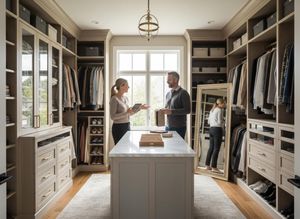 A couple discusses design in a luxurious walk-in closet with custom shelving, hanging clothes, a central marble island, and natural light. Couple discussing design in a luxurious walk-in closet