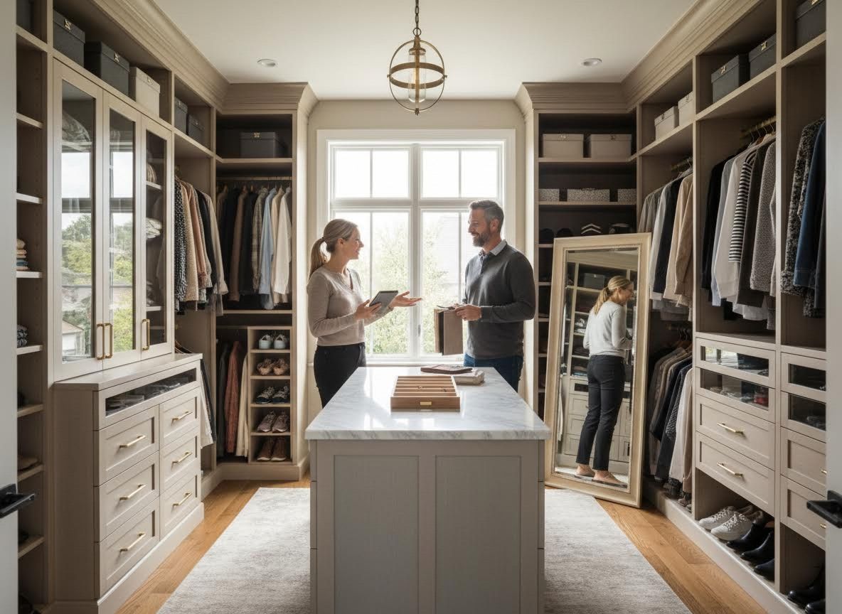 Couple discussing design in a luxurious walk-in closet