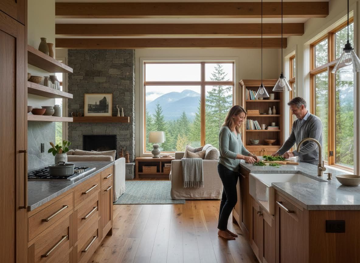 Couple cooking in a rustic modern kitchen with mountain views