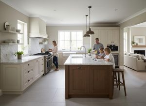 Family in a modern, open-plan kitchen