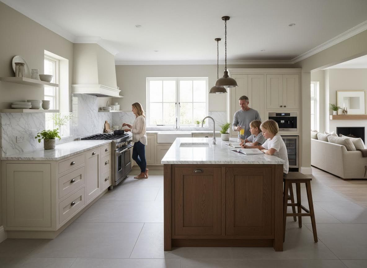 Family in a modern, open-plan kitchen