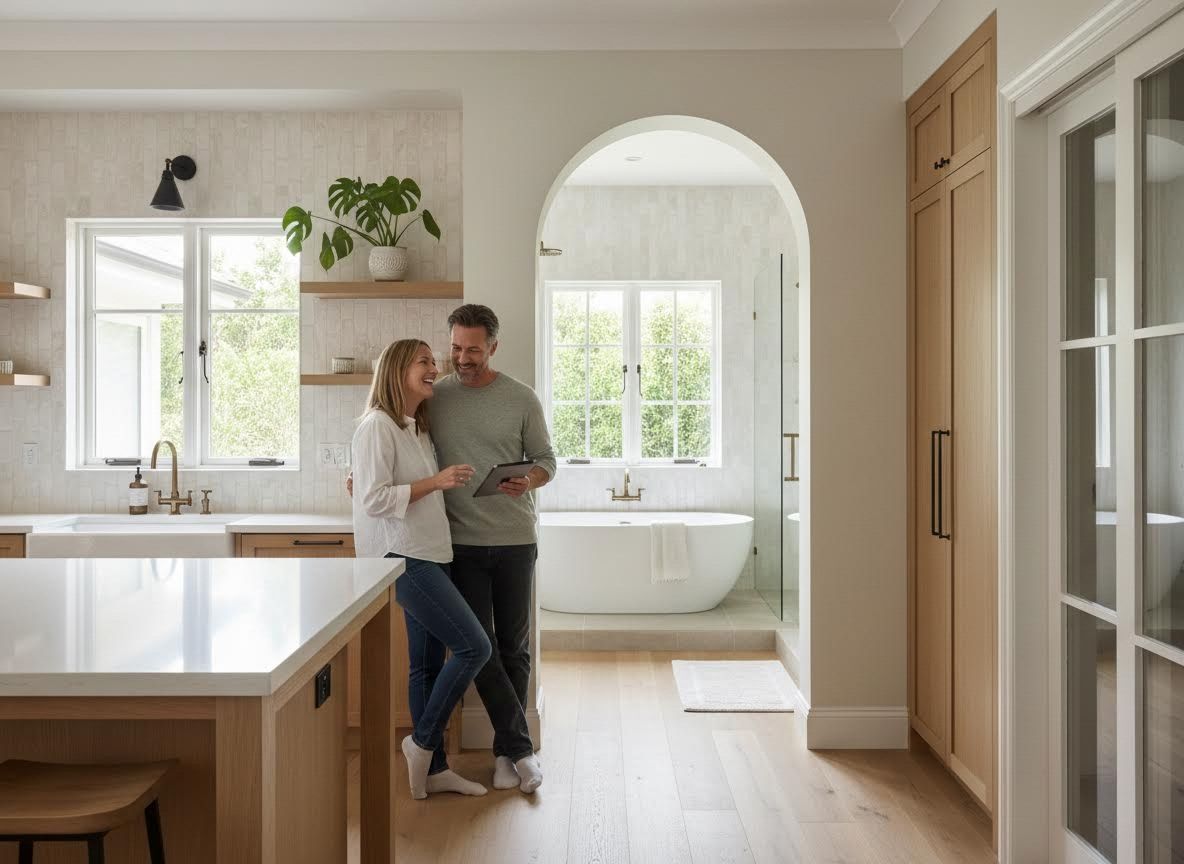 Happy couple in modern kitchen and bathroom looking at tablet