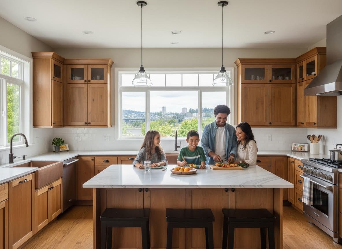 Family cooking together in a bright, modern kitchen