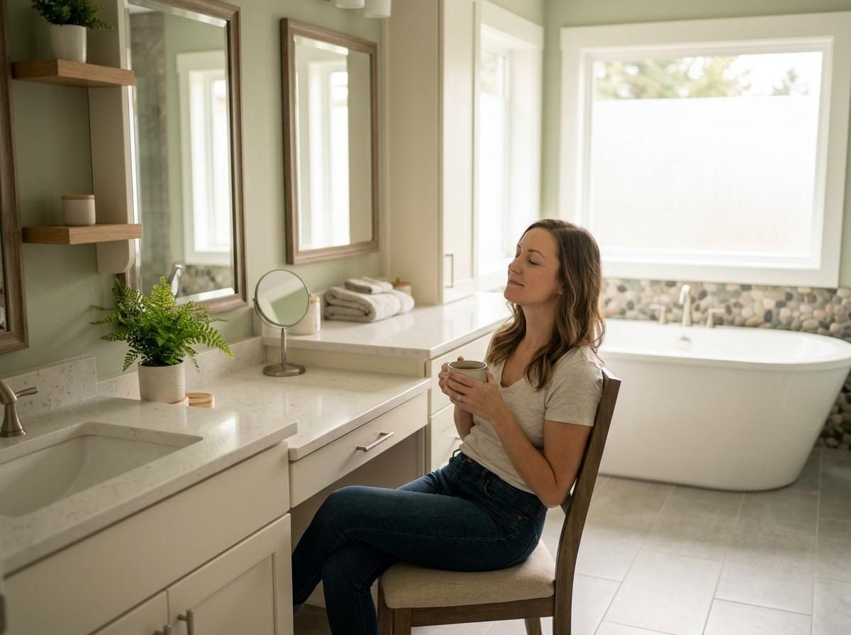 Woman relaxing in a spacious, light-filled bathroom
