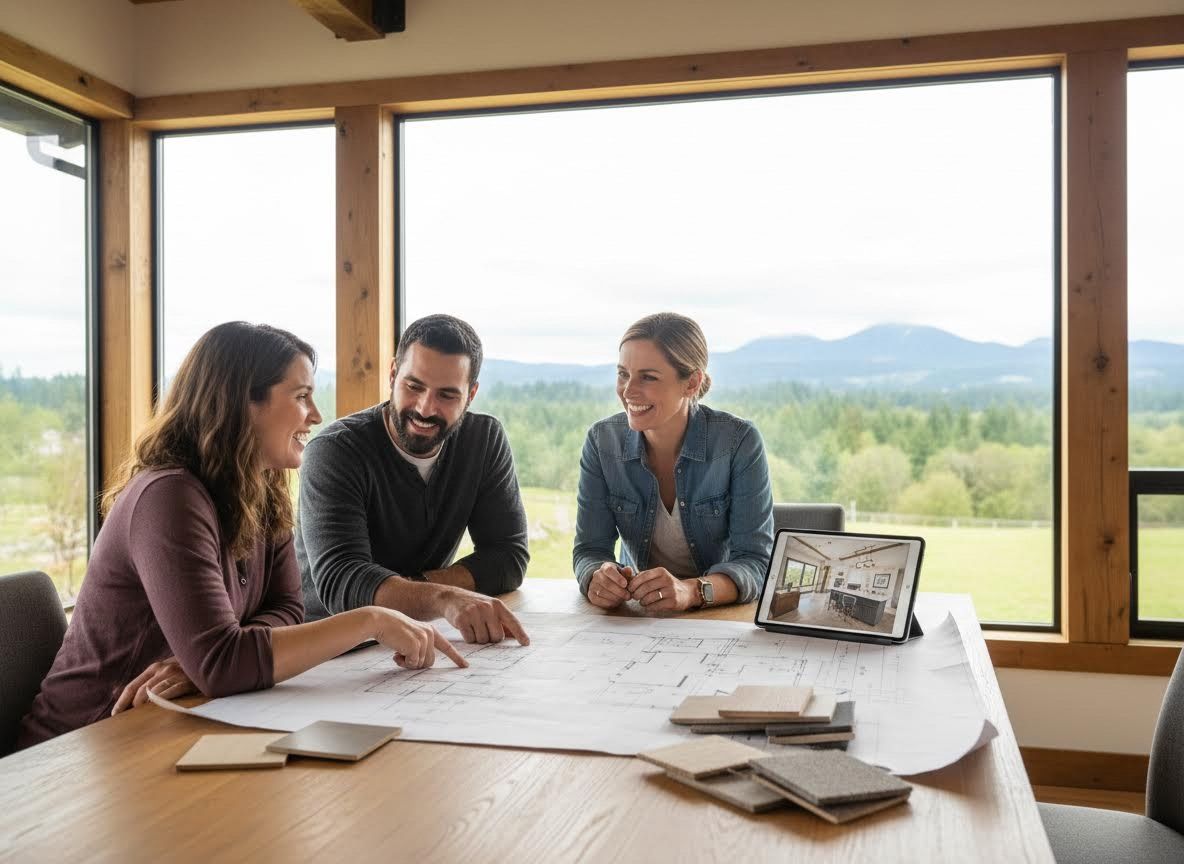 Happy people discussing home renovation plans with an architect