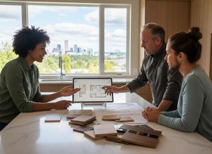 Three people, an architect and a couple, discuss home design plans on a tablet and review material samples on a kitchen island. City view in background. Architect and Clients Reviewing Home Design Plans