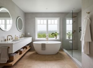 A contemporary bathroom features a white freestanding tub, double vanity, glass shower, and a large window overlooking a lush landscape. Modern Bathroom with Freestanding Tub, Double Vanity, and Nature View