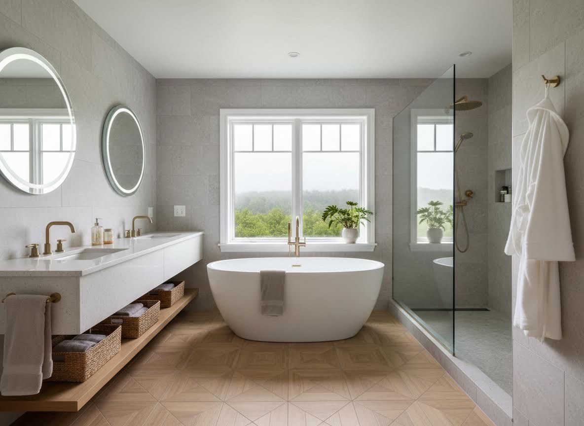 Modern Bathroom with Freestanding Tub, Double Vanity, and Nature View