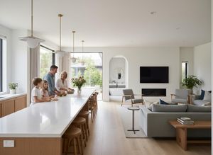 Family in a Modern Open-Plan Kitchen and Living Room