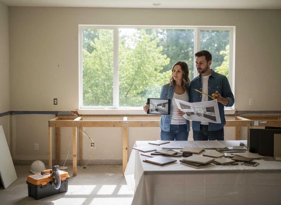 Couple planning kitchen renovation with digital and paper plans