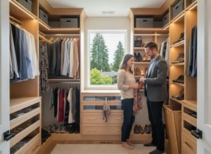 A smiling couple stands in a well-organized, light wood walk-in closet. The woman holds a scarf, while the man checks his watch. Couple in Modern Walk-in Closet