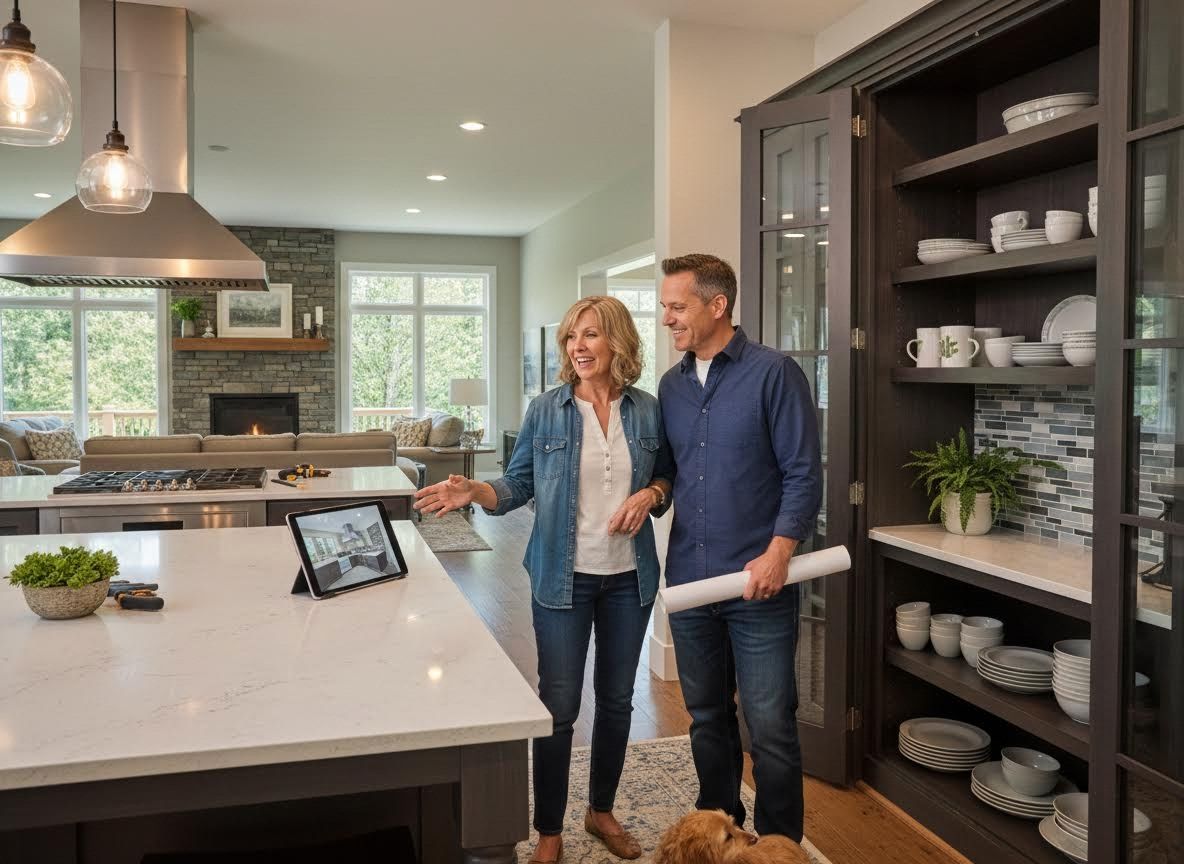 Couple reviewing kitchen design on tablet in modern home