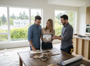 A couple and a contractor review a digital 3D rendering of a modern kitchen on a tablet during a home renovation consultation. Couple and Contractor Reviewing Home Design on Tablet