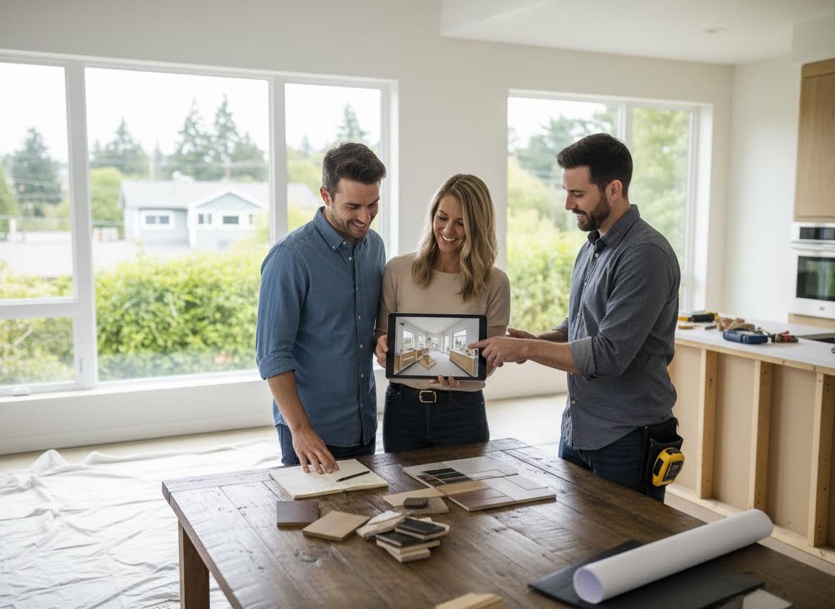 Couple and Contractor Reviewing Home Design on Tablet