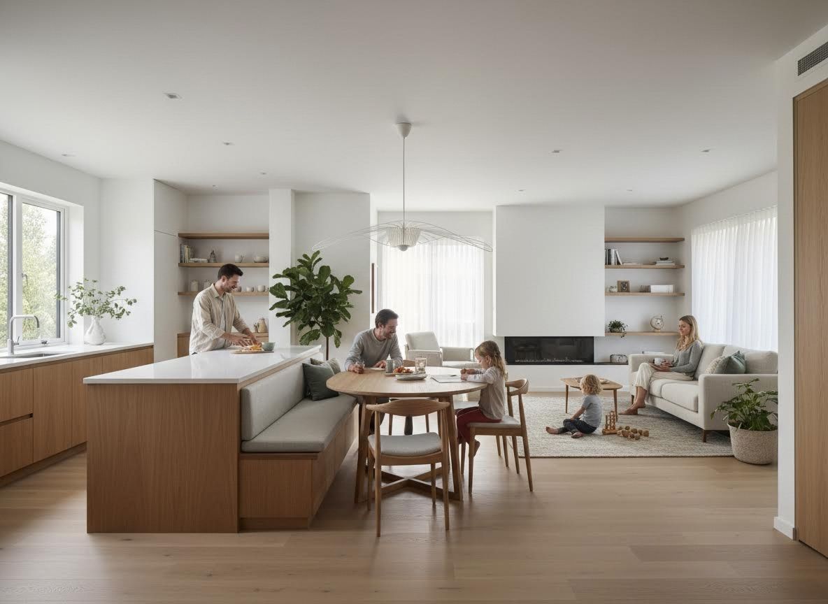 Family enjoying their modern open-plan home with light wood details and clean design