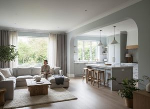 Woman relaxing in a modern open-plan living room and kitchen