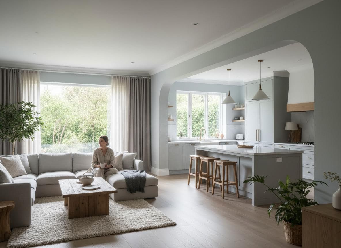 Woman relaxing in a modern open-plan living room and kitchen