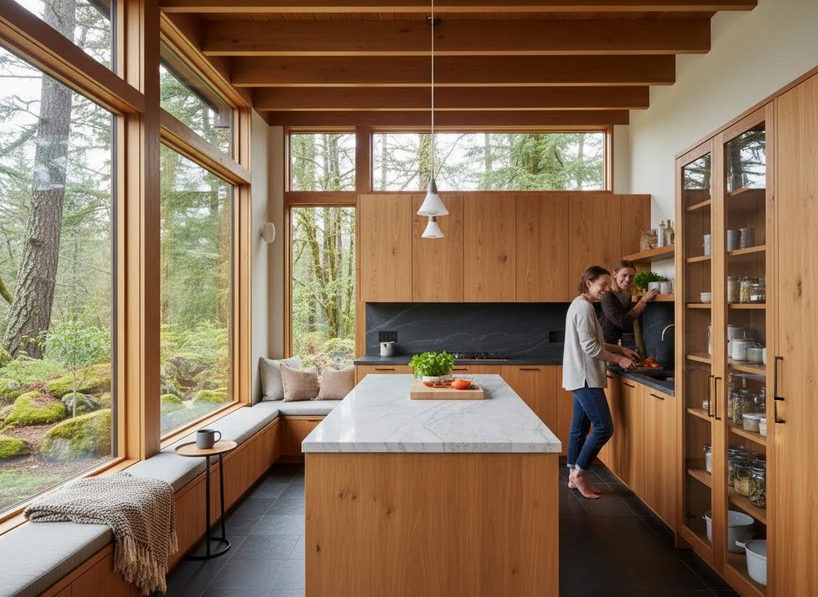 Modern Kitchen with Forest View and Two Women Cooking