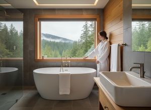 A woman in a white bathrobe looks out a large window from a modern bathroom with a freestanding tub, overlooking a misty forest. Modern Bathroom with Forest View
