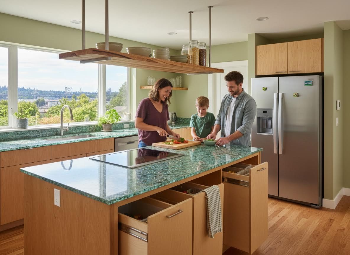 Family cooking together in a modern kitchen with green countertops and a scenic window view