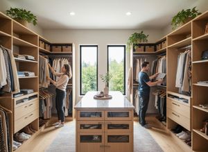 Couple in a Modern Walk-in Closet with Wood Shelving and Island