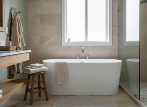 A chic bathroom featuring a white freestanding tub, beige tiled walls, a wooden vanity, and a large bright window. Modern Bathroom with Freestanding Tub