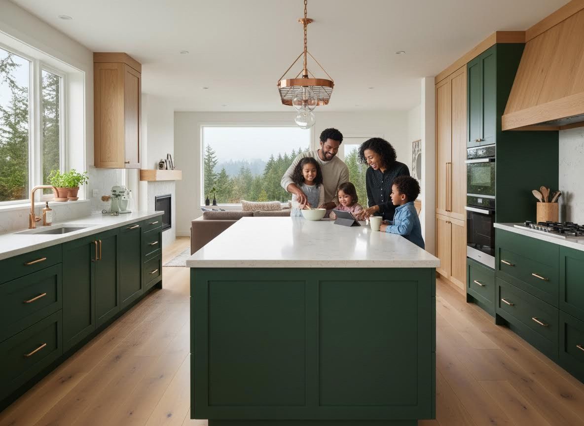 Family cooking in a contemporary green kitchen