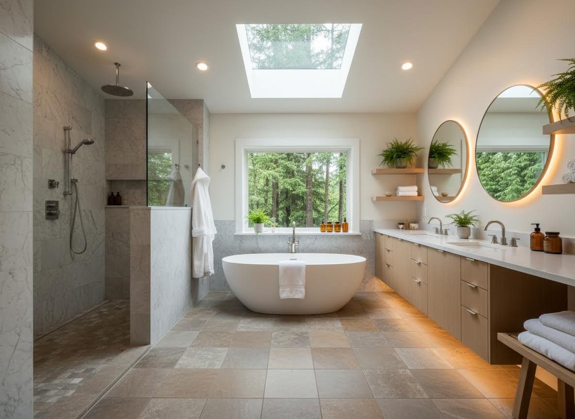 Modern Bathroom with Forest View, Freestanding Tub, and Walk-in Shower