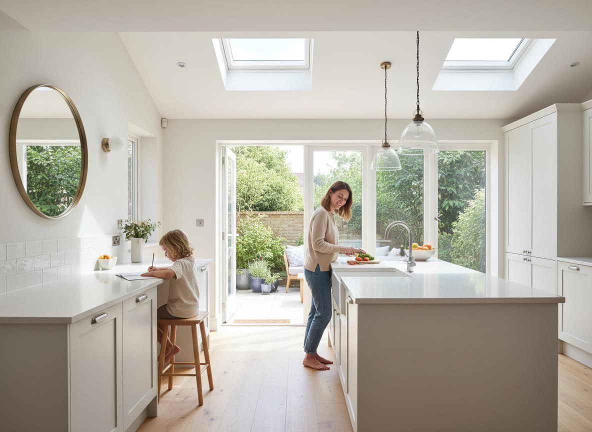 Woman and child in a modern kitchen with garden view