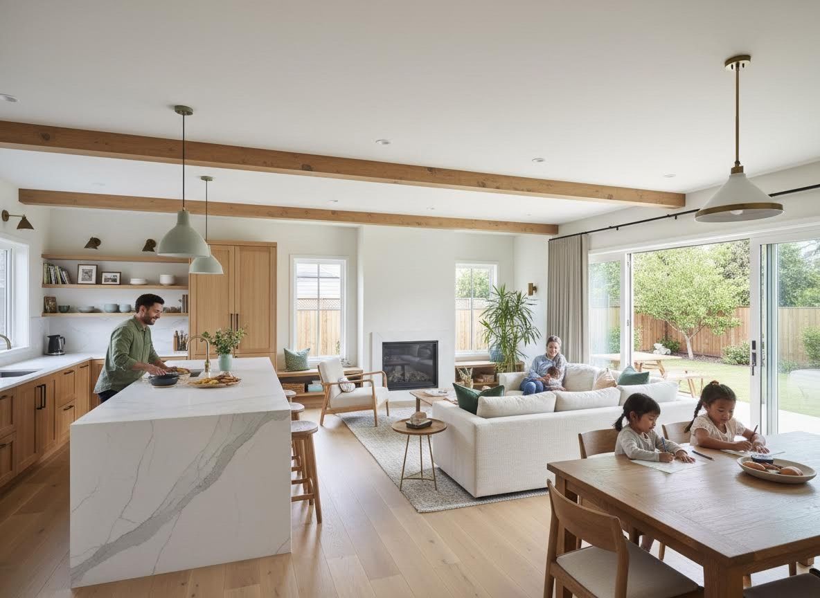 Family in a modern open-concept home