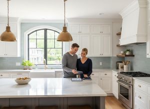 A smiling man and woman look at a tablet together in a bright, modern kitchen with white cabinets, a large marble island, and blue subway tile backsplash. Couple Reviewing Plans on Tablet in Modern Kitchen
