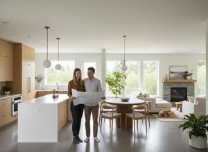 Happy couple reviewing blueprints in a modern open-concept home