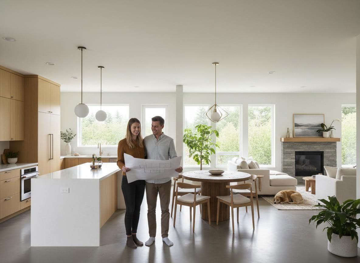 Happy couple reviewing blueprints in a modern open-concept home