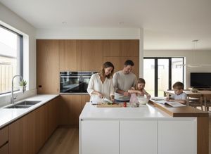 Parents and daughter chop food and mix in a sleek kitchen island, while son does homework nearby. Wooden cabinets, white counters, large windows. Family cooking and doing homework in a modern kitchen