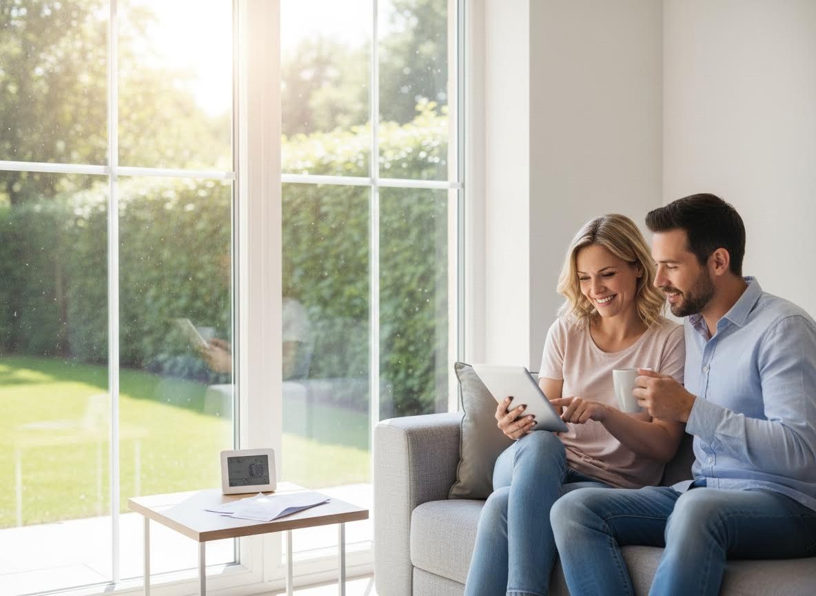 Happy Couple Using Tablet in Sunny Living Room