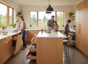 Family cooking and cleaning in a modern kitchen
