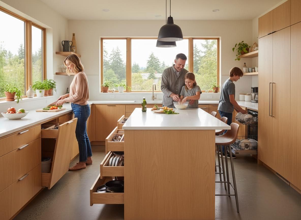 Family cooking and cleaning in a modern kitchen