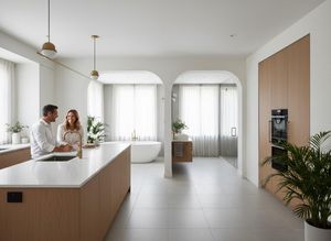 Modern Open-Plan Kitchen and Bathroom with Arches