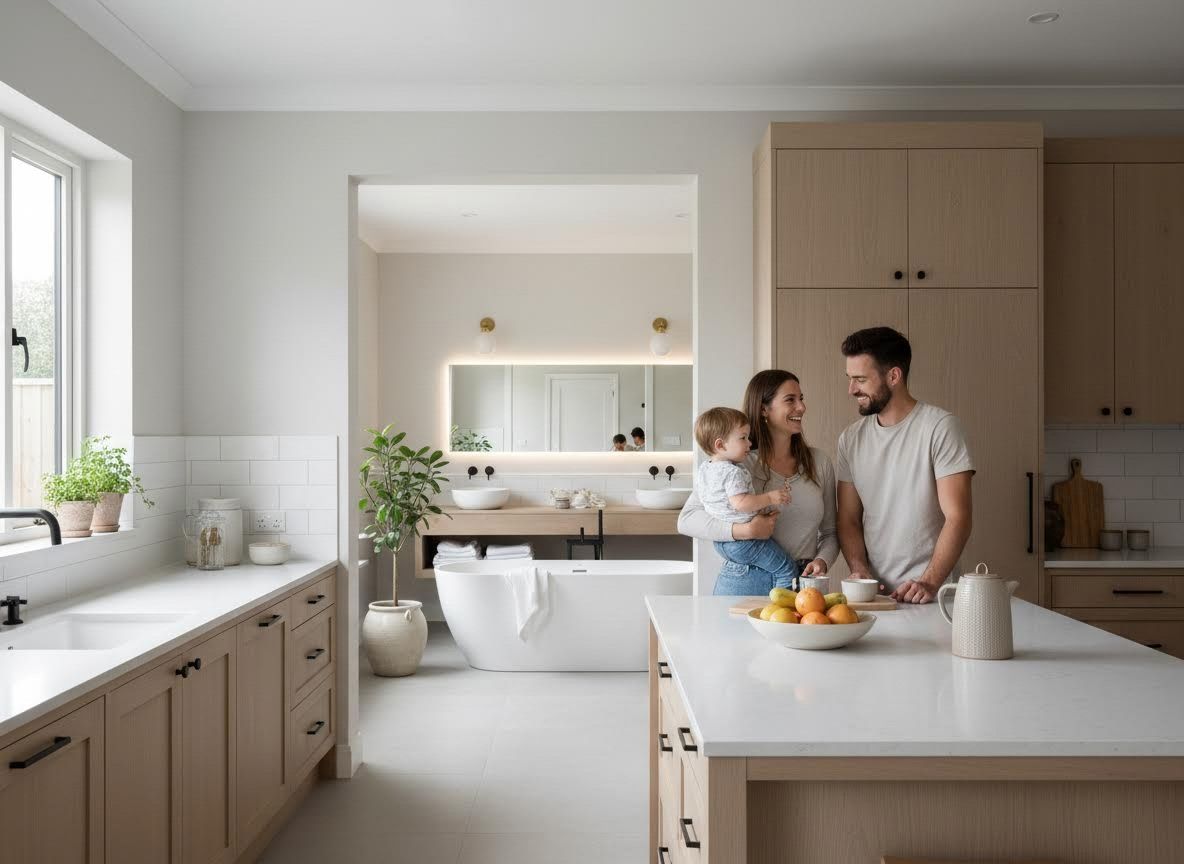 Family in Modern Open Plan Kitchen and Bathroom