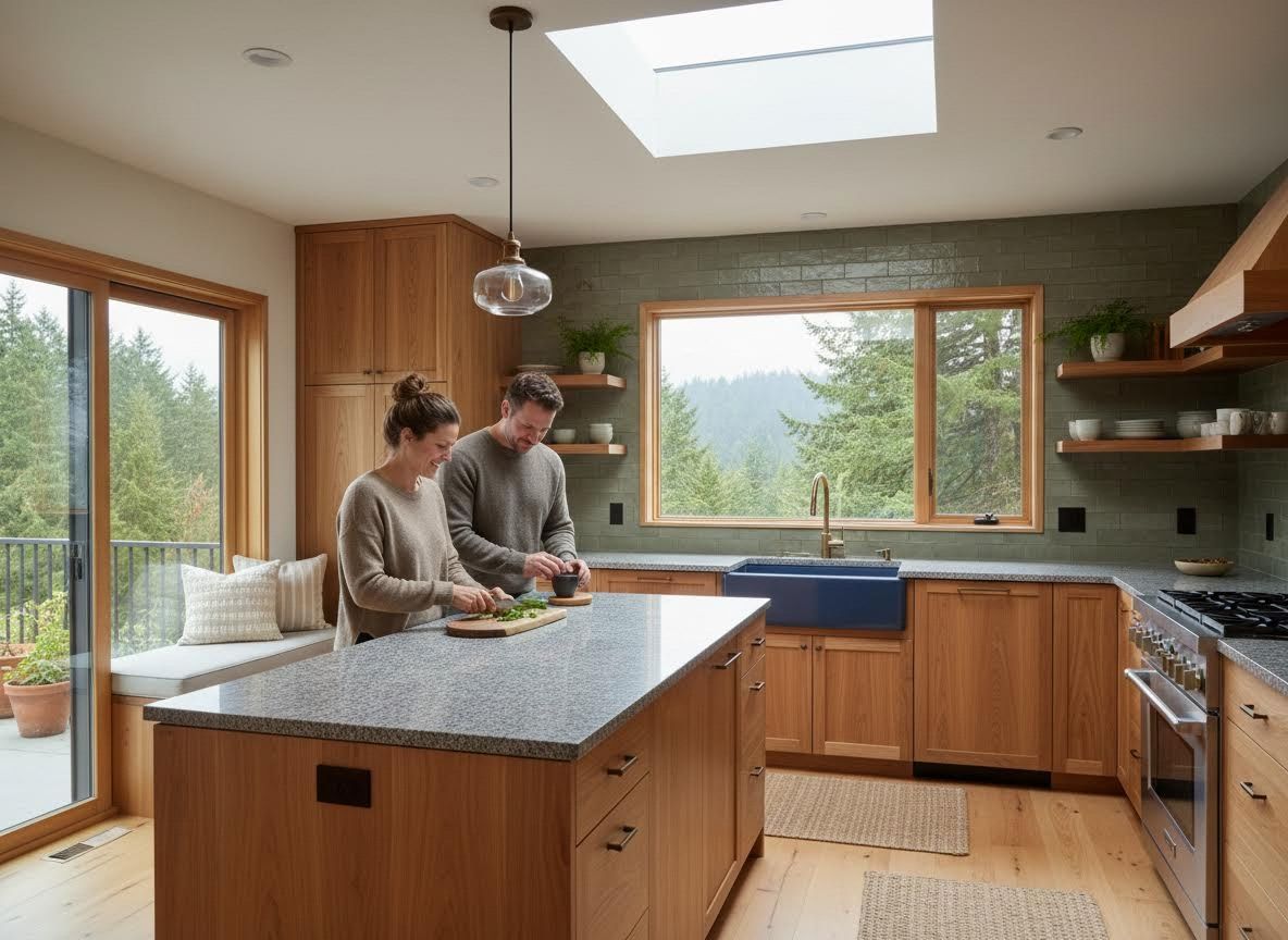 Couple cooking in a modern kitchen with a view