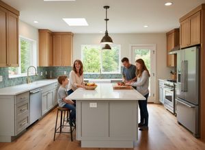 A happy family of four, including two children, preparing vegetables together on a kitchen island in a bright, modern home. Happy family preparing food in a modern kitchen